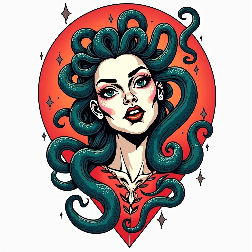 Medusain pop art style tattoo, featuring bold and vibrant colors, exaggerated outlines, iconic imagery, inspired by comic books and speech bubbles, comic book characters, retro pop culture - Variation 2