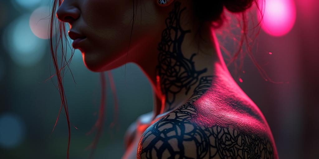 Futuristic cyberpunk girl with neon accentsin tribal tattoo style, featuring bold and black geometric shapes, curved lines, intertwine and flow seamlessly, creating a powerful and symbolic design, polynesian and maori styles - Variation 3