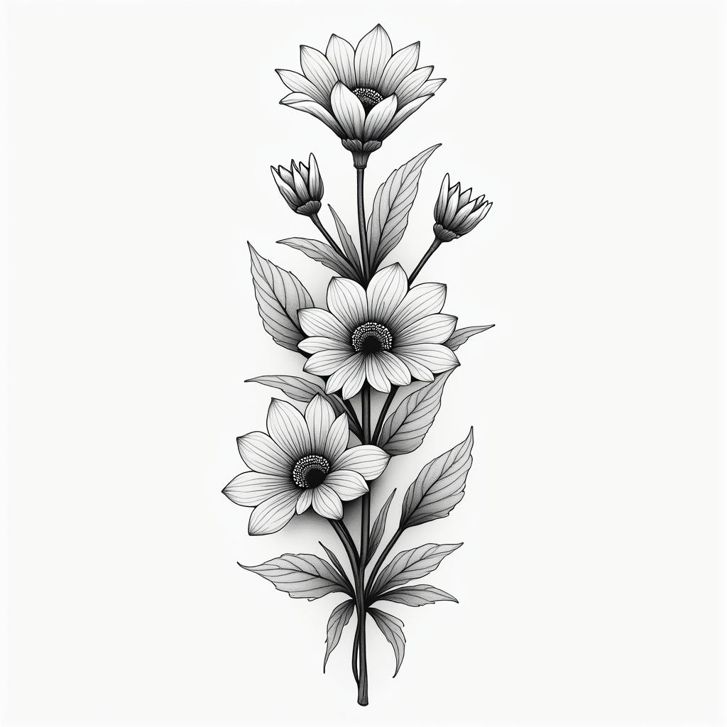 Flower tattoo sleevein Modest style tattoo, featuring soft, delicate line work with simple and meaningful symbols, gentle waves, a heart, evoking a sense of serenity and grace, - Variation 2