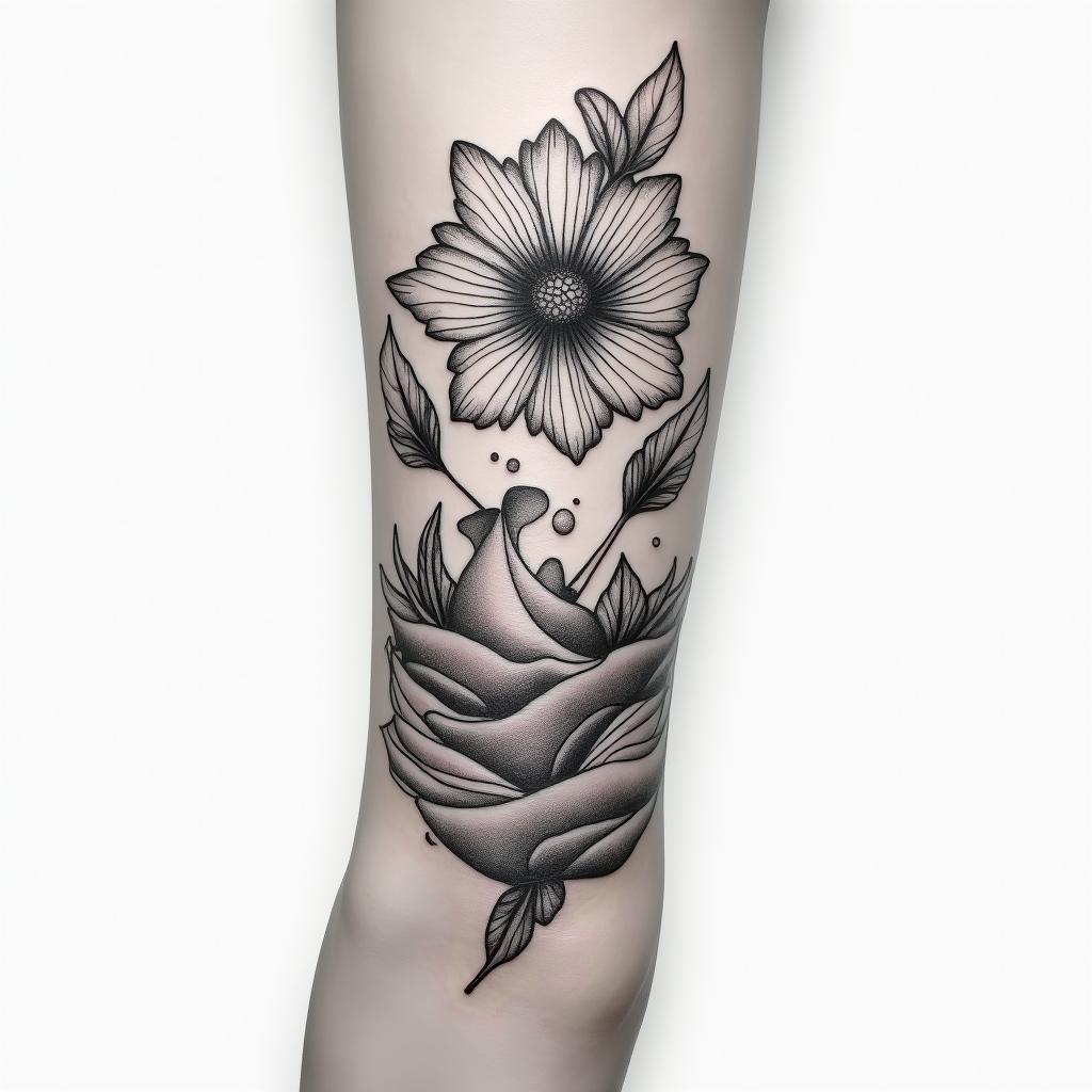 Flower tattoo sleevein Modest style tattoo, featuring soft, delicate line work with simple and meaningful symbols, gentle waves, a heart, evoking a sense of serenity and grace, - Variation 3