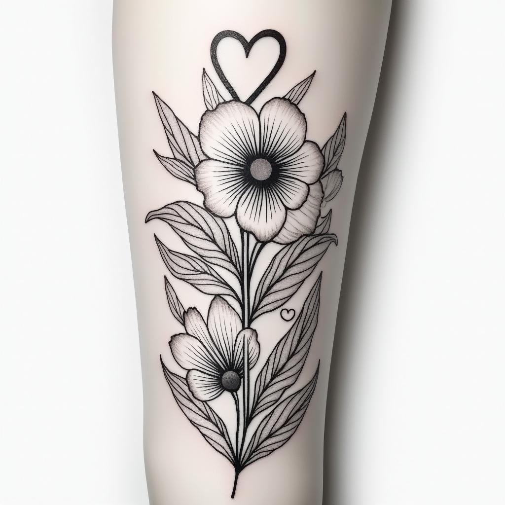 Flower tattoo sleevein Modest style tattoo, featuring soft, delicate line work with simple and meaningful symbols, gentle waves, a heart, evoking a sense of serenity and grace,