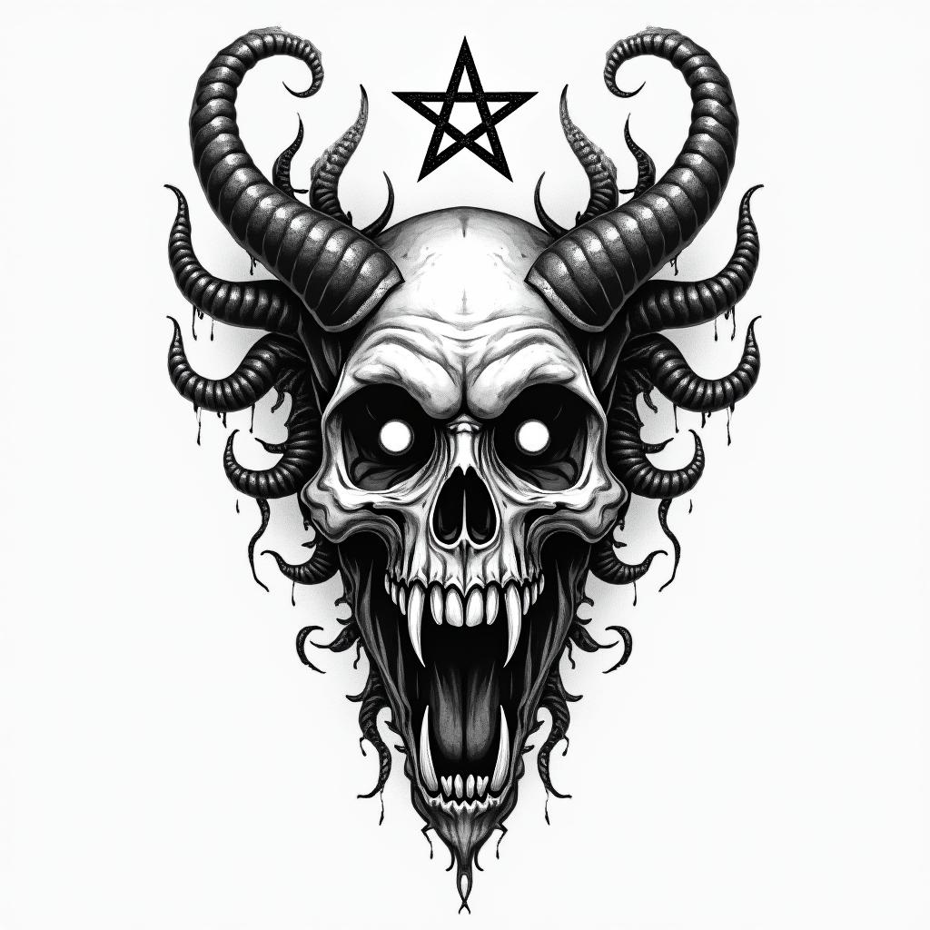 Medusacreepy horror tattoo style, featuring an eerie and unsettling skull of a demonic creature, distorted face with sharp fangs, add pentagram symbol - Variation 4