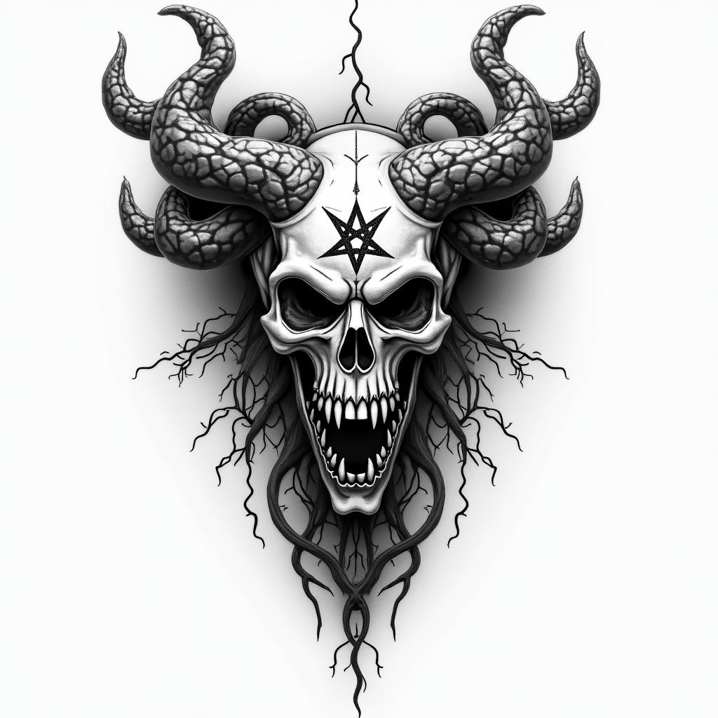 Medusacreepy horror tattoo style, featuring an eerie and unsettling skull of a demonic creature, distorted face with sharp fangs, add pentagram symbol - Variation 2