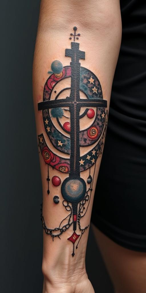 Spiral galaxy with stars and planetsin chicano style tattoo, featuring intricate black and grey shading, bold elements of traditional chicano culture symbols, add a big cross with skull, chains and roses - Variation 6