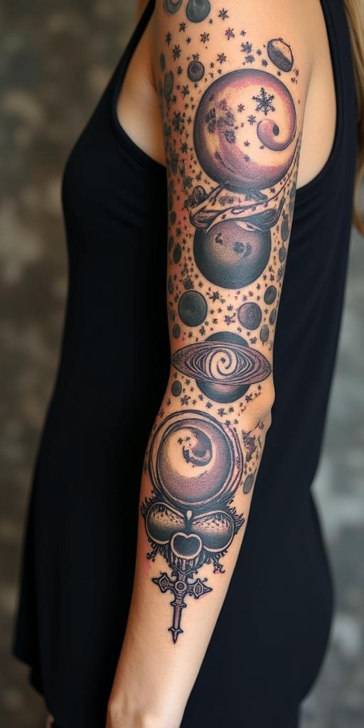 Spiral galaxy with stars and planetsin chicano style tattoo, featuring intricate black and grey shading, bold elements of traditional chicano culture symbols, add a big cross with skull, chains and roses - Variation 8
