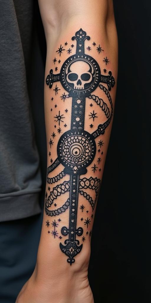 Spiral galaxy with stars and planetsin chicano style tattoo, featuring intricate black and grey shading, bold elements of traditional chicano culture symbols, add a big cross with skull, chains and roses - Variation 7