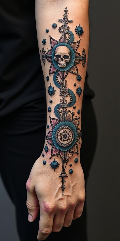 Spiral galaxy with stars and planetsin chicano style tattoo, featuring intricate black and grey shading, bold elements of traditional chicano culture symbols, add a big cross with skull, chains and roses - Variation 5