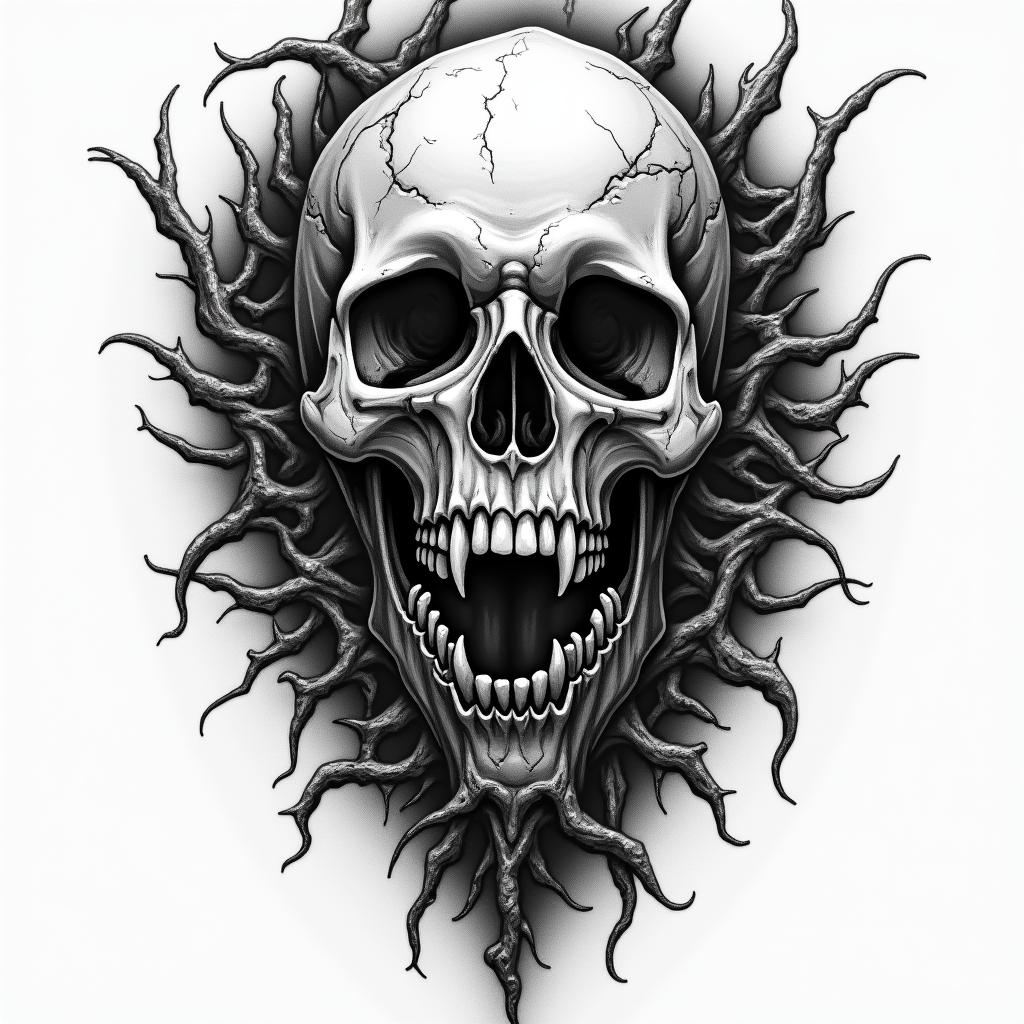 Esoteric Appalachian magic in horror tattoo style, showcasing haunting and unsettling, dark and gritty textures with skulls, eerie faces, jgged designs, bold and intense shading - Variation 4