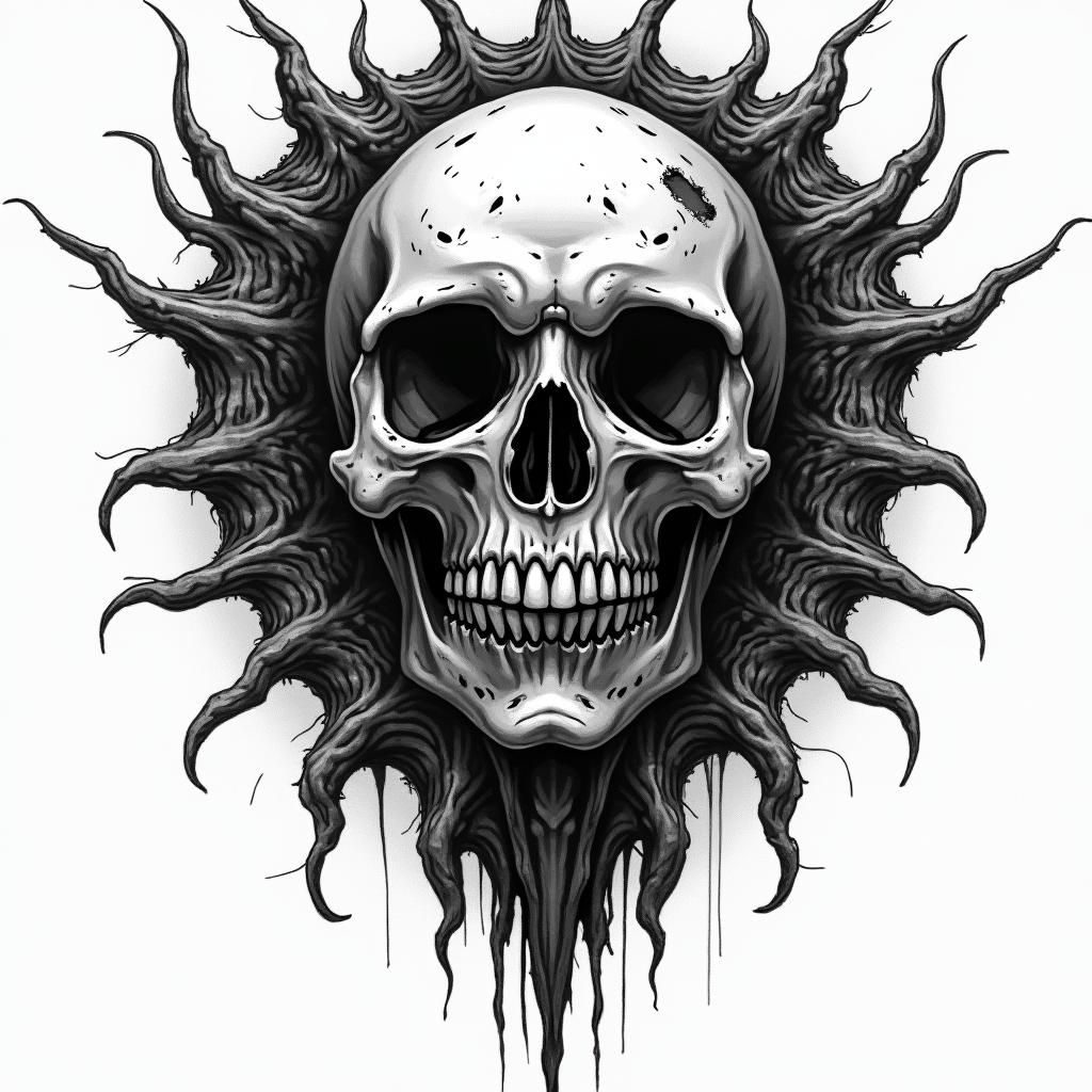 Esoteric Appalachian magic in horror tattoo style, showcasing haunting and unsettling, dark and gritty textures with skulls, eerie faces, jgged designs, bold and intense shading
