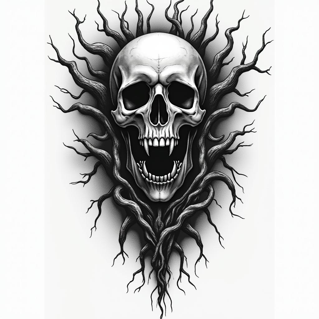 Esoteric Appalachian magic in horror tattoo style, showcasing haunting and unsettling, dark and gritty textures with skulls, eerie faces, jgged designs, bold and intense shading - Variation 3