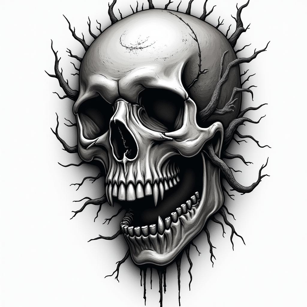 Esoteric Appalachian magic in horror tattoo style, showcasing haunting and unsettling, dark and gritty textures with skulls, eerie faces, jgged designs, bold and intense shading - Variation 2