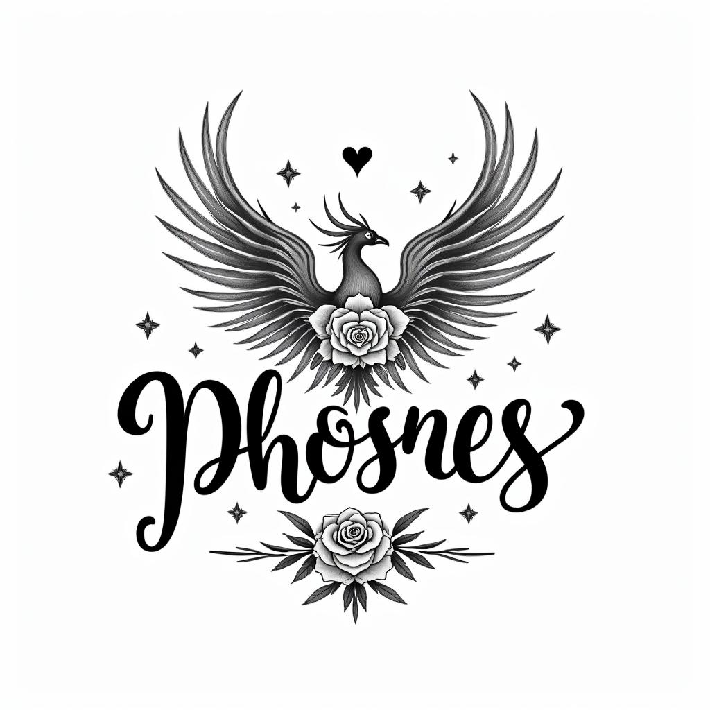 Phoenix with flowers and starsin elegant cursive calligraphy style 2d tattoo, decorate with roses, featuring a smooth and flowing handwritten script with slightly thickened strokes for a luxurious and bold appearance, heart symbol between names, sleek and glossy black text with shadowing, minimalist matte white background, clean and sharp edges, illuminated with soft lighting, romantic, 8k, high-quality textures with refined typography - Variation 5