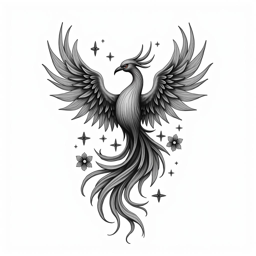 Phoenix with flowers and starsin elegant cursive calligraphy style 2d tattoo, decorate with roses, featuring a smooth and flowing handwritten script with slightly thickened strokes for a luxurious and bold appearance, heart symbol between names, sleek and glossy black text with shadowing, minimalist matte white background, clean and sharp edges, illuminated with soft lighting, romantic, 8k, high-quality textures with refined typography - Variation 7