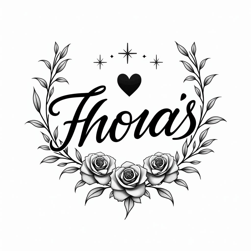 Phoenix with flowers and starsin elegant cursive calligraphy style 2d tattoo, decorate with roses, featuring a smooth and flowing handwritten script with slightly thickened strokes for a luxurious and bold appearance, heart symbol between names, sleek and glossy black text with shadowing, minimalist matte white background, clean and sharp edges, illuminated with soft lighting, romantic, 8k, high-quality textures with refined typography - Variation 8