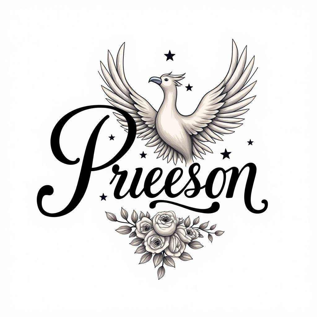 Phoenix with flowers and starsin elegant cursive calligraphy style 2d tattoo, decorate with roses, featuring a smooth and flowing handwritten script with slightly thickened strokes for a luxurious and bold appearance, heart symbol between names, sleek and glossy black text with shadowing, minimalist matte white background, clean and sharp edges, illuminated with soft lighting, romantic, 8k, high-quality textures with refined typography - Variation 6