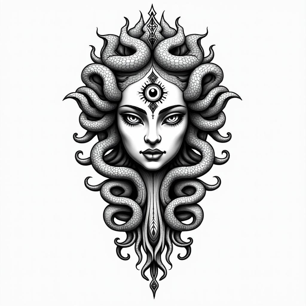 Medusain spiritual symbols tattoo style, featuring an intricate design incorporating elements, Hamsa hand, third eye, minimalist composition - Variation 3