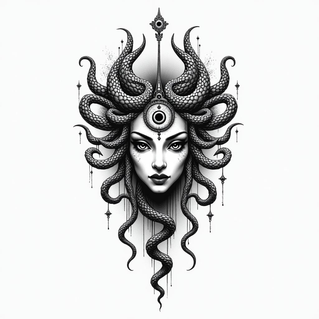 Medusain spiritual symbols tattoo style, featuring an intricate design incorporating elements, Hamsa hand, third eye, minimalist composition