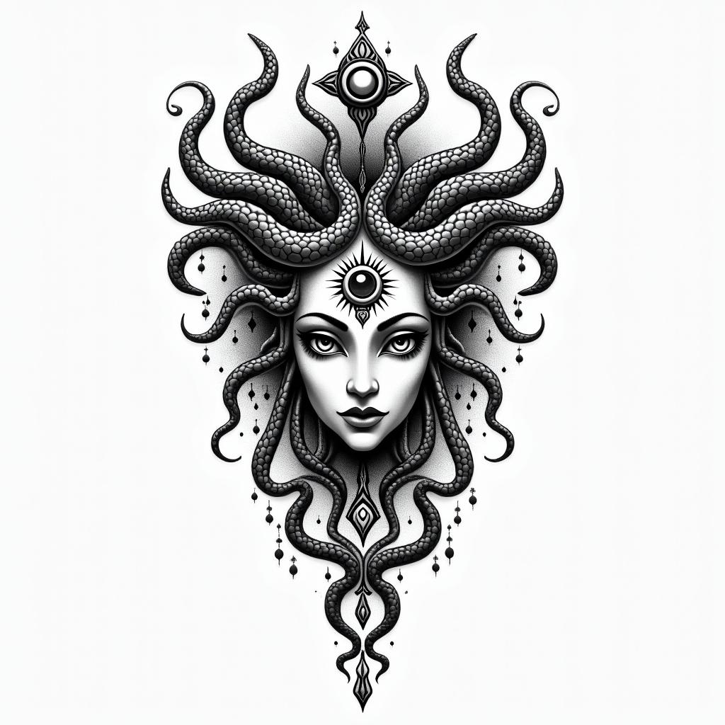 Medusain spiritual symbols tattoo style, featuring an intricate design incorporating elements, Hamsa hand, third eye, minimalist composition - Variation 4