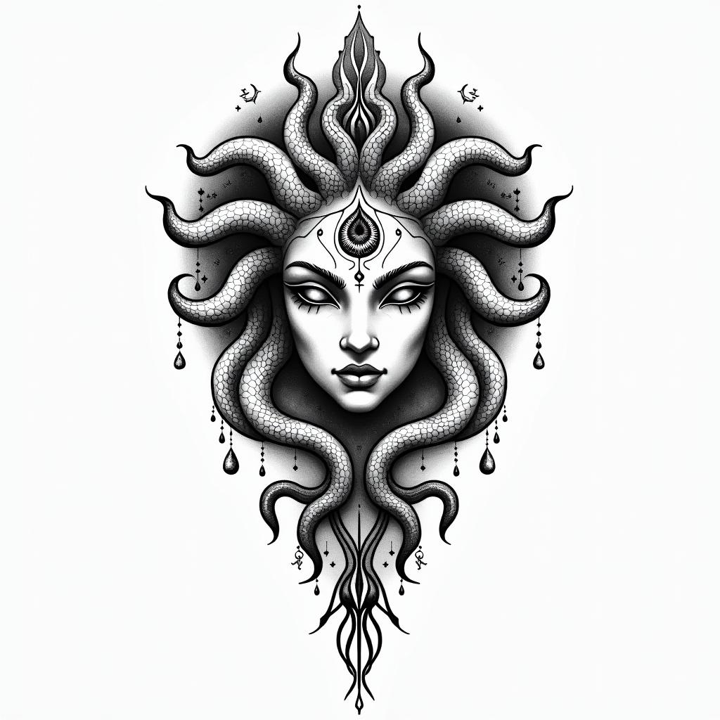 Medusain spiritual symbols tattoo style, featuring an intricate design incorporating elements, Hamsa hand, third eye, minimalist composition - Variation 2