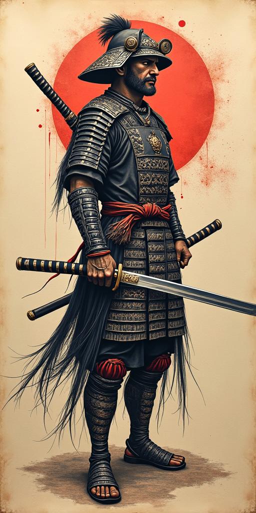 Samurai with a katanain paganic style tattoo, featuring ancient symbols, add vegvisir symbol, mystical figures, incorporating designs, pentagrams, runes, crescent moons, - Variation 3