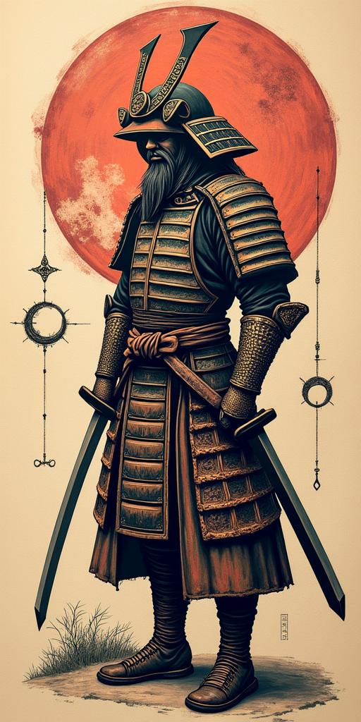 Samurai with a katanain paganic style tattoo, featuring ancient symbols, add vegvisir symbol, mystical figures, incorporating designs, pentagrams, runes, crescent moons,