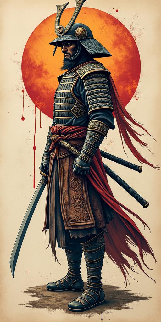 Samurai with a katanain paganic style tattoo, featuring ancient symbols, add vegvisir symbol, mystical figures, incorporating designs, pentagrams, runes, crescent moons, - Variation 4