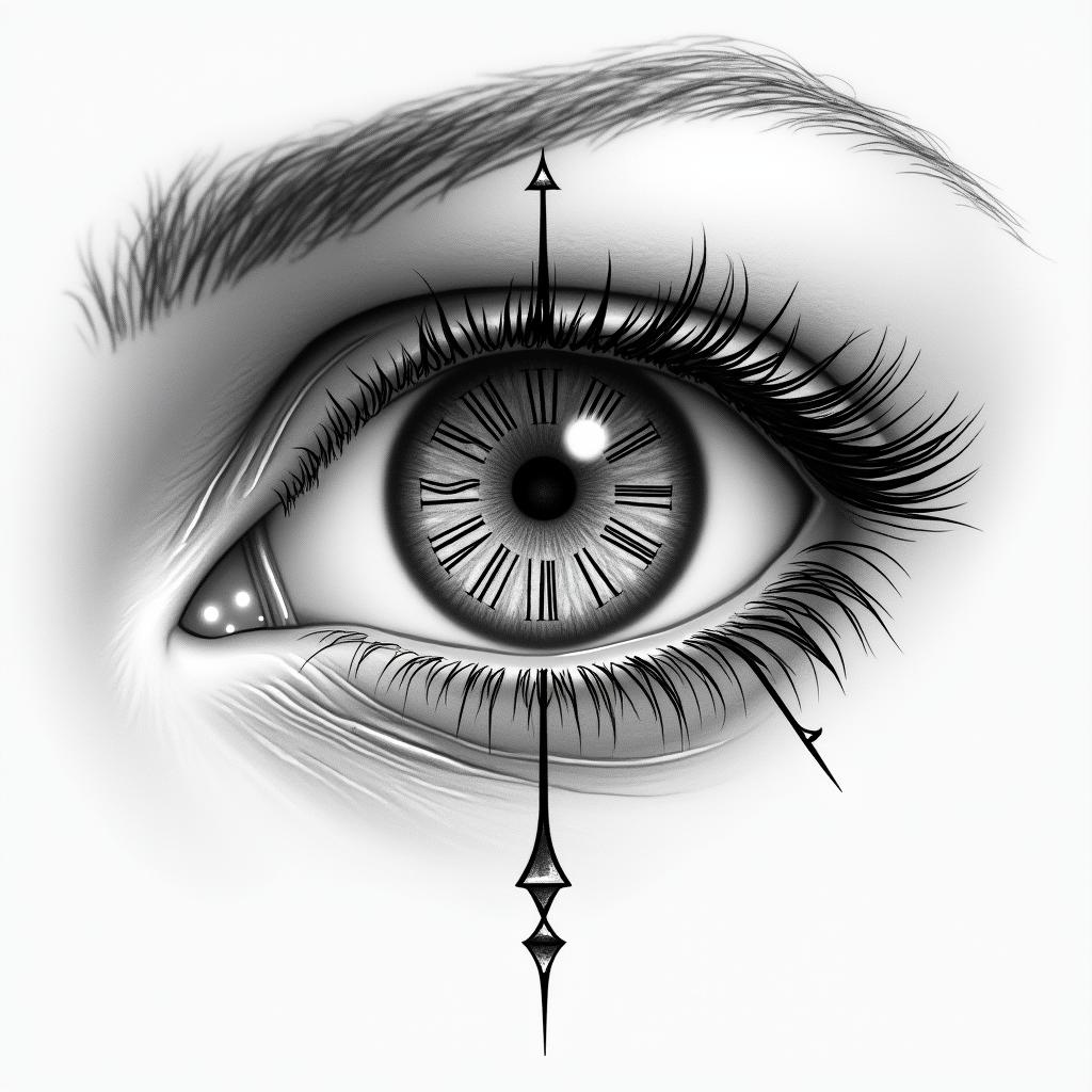 A woman’s eye, close up, the pupil is a clock, Roman numerical.in minimalist style tattoo, featuring simple shapes and fine lines, with minimal shading and details, tiny triangles, creating a sense of balance and harmony - Variation 3