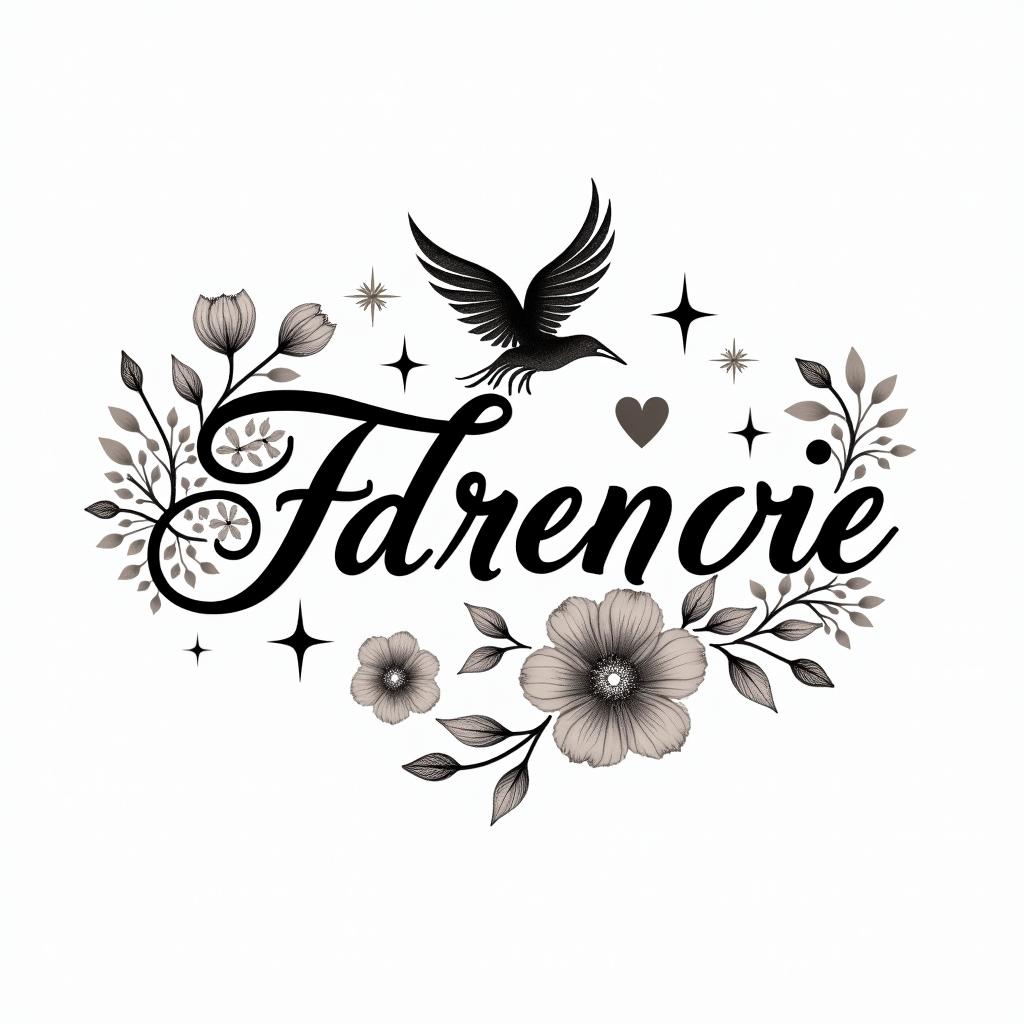 Phoenix with flowers and starsin elegant cursive calligraphy style 2d tattoo, decorate with roses, featuring a smooth and flowing handwritten script with slightly thickened strokes for a luxurious and bold appearance, heart symbol between names, sleek and glossy black text with shadowing, minimalist matte white background, clean and sharp edges, illuminated with soft lighting, romantic, 8k, high-quality textures with refined typography - Variation 3