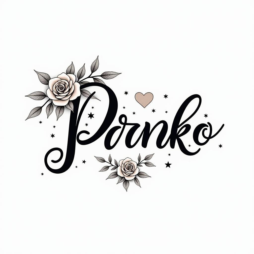 Phoenix with flowers and starsin elegant cursive calligraphy style 2d tattoo, decorate with roses, featuring a smooth and flowing handwritten script with slightly thickened strokes for a luxurious and bold appearance, heart symbol between names, sleek and glossy black text with shadowing, minimalist matte white background, clean and sharp edges, illuminated with soft lighting, romantic, 8k, high-quality textures with refined typography - Variation 2