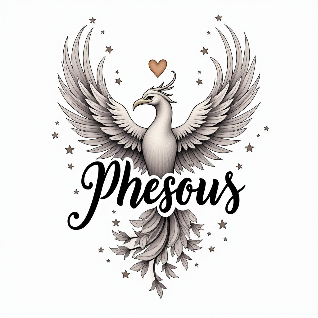 Phoenix with flowers and starsin elegant cursive calligraphy style 2d tattoo, decorate with roses, featuring a smooth and flowing handwritten script with slightly thickened strokes for a luxurious and bold appearance, heart symbol between names, sleek and glossy black text with shadowing, minimalist matte white background, clean and sharp edges, illuminated with soft lighting, romantic, 8k, high-quality textures with refined typography - Variation 4