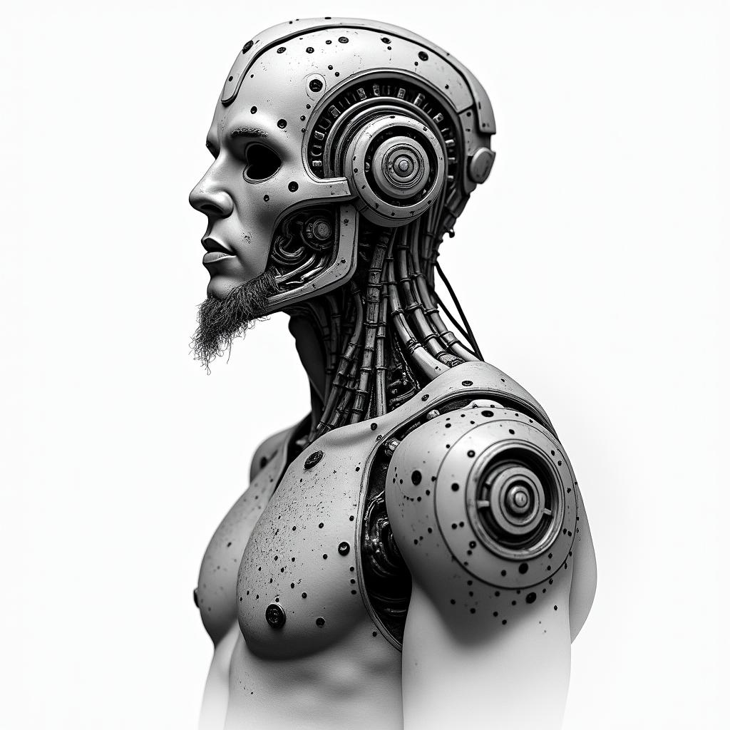 American Soldier, aquarius, feb 10, 1994tattoo in biomechanic style, the tattoo covered by robotic elements of futuristic cyberpunk design, robotic features detail, showcasing intricate mechanical components