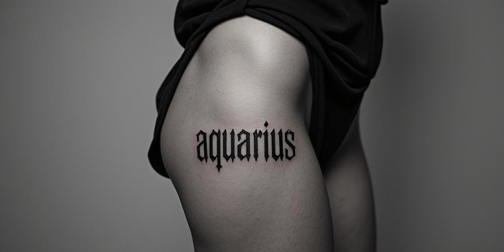 patry, aquarius, Zamora (Spain)text-based tattoo, gothic font ultra-realistic, perfectly placed, high-quality font design, photo-realistic shading, 8k, high quality, finely detailed typography