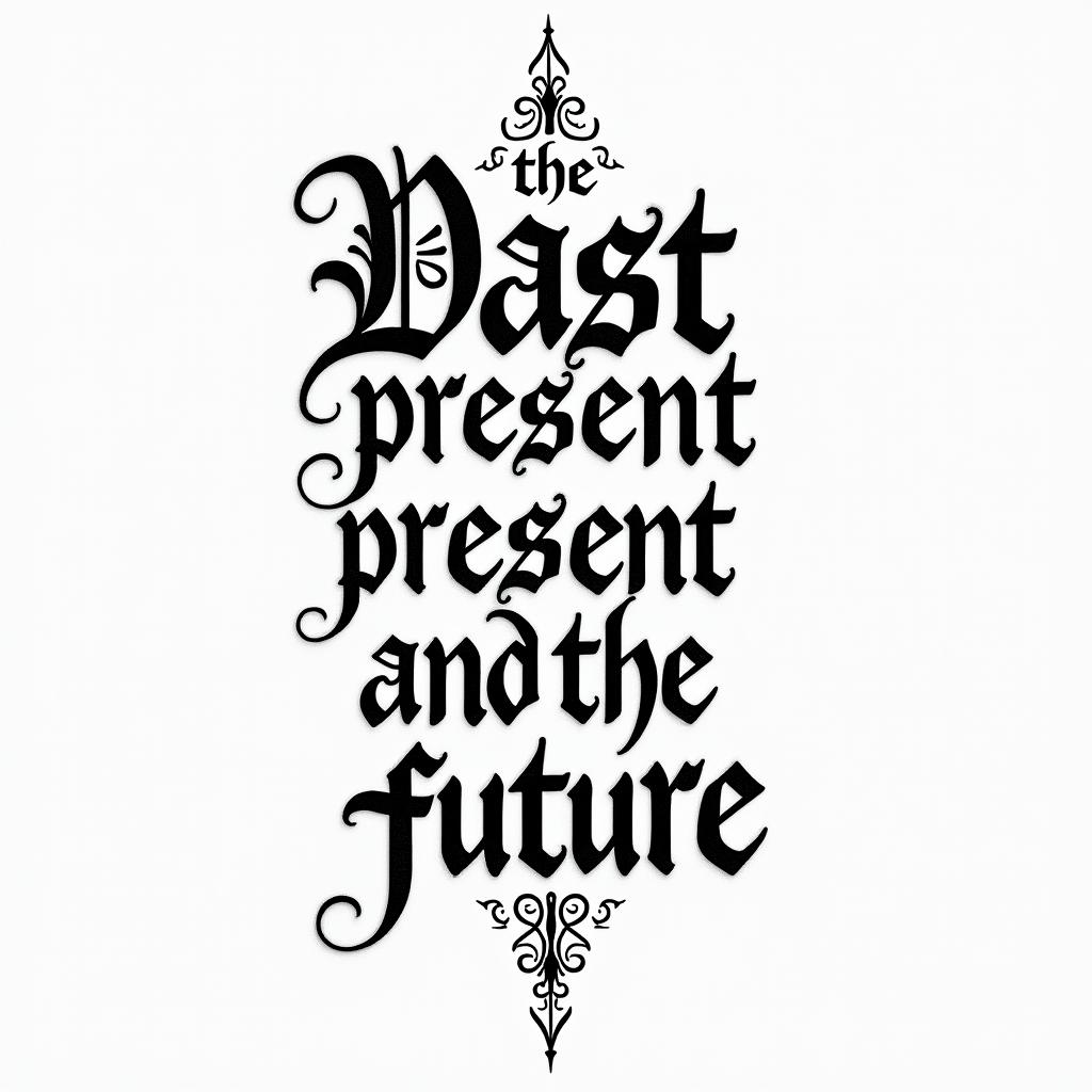 The past, the present, and the futuretext-based tattoo, gothic font ultra-realistic, perfectly placed, high-quality font design, photo-realistic shading, 8k, high quality, finely detailed typography - Variation 3