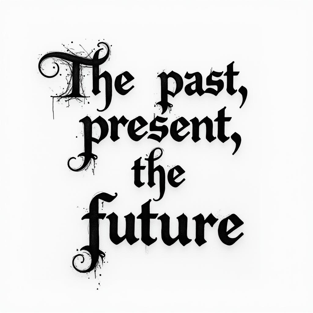 The past, the present, and the futuretext-based tattoo, gothic font ultra-realistic, perfectly placed, high-quality font design, photo-realistic shading, 8k, high quality, finely detailed typography - Variation 2