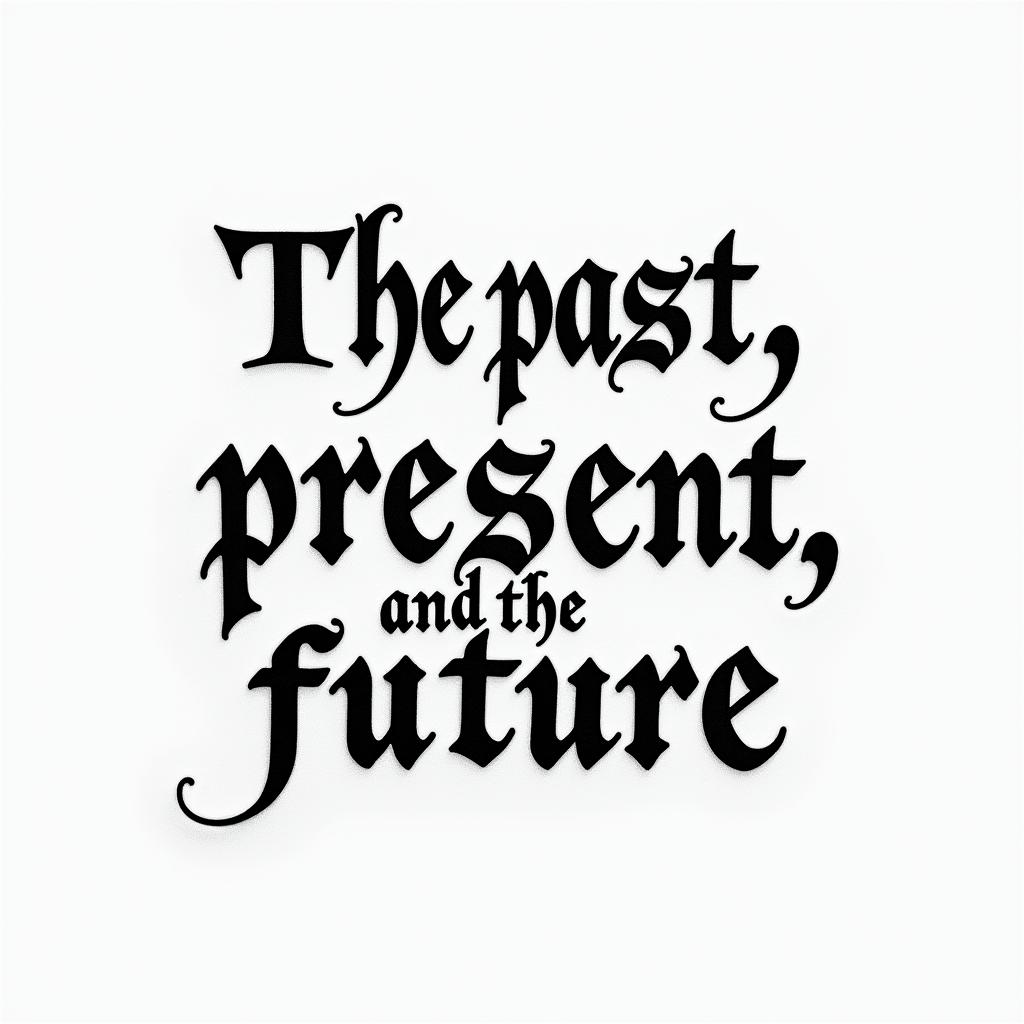 The past, the present, and the futuretext-based tattoo, gothic font ultra-realistic, perfectly placed, high-quality font design, photo-realistic shading, 8k, high quality, finely detailed typography