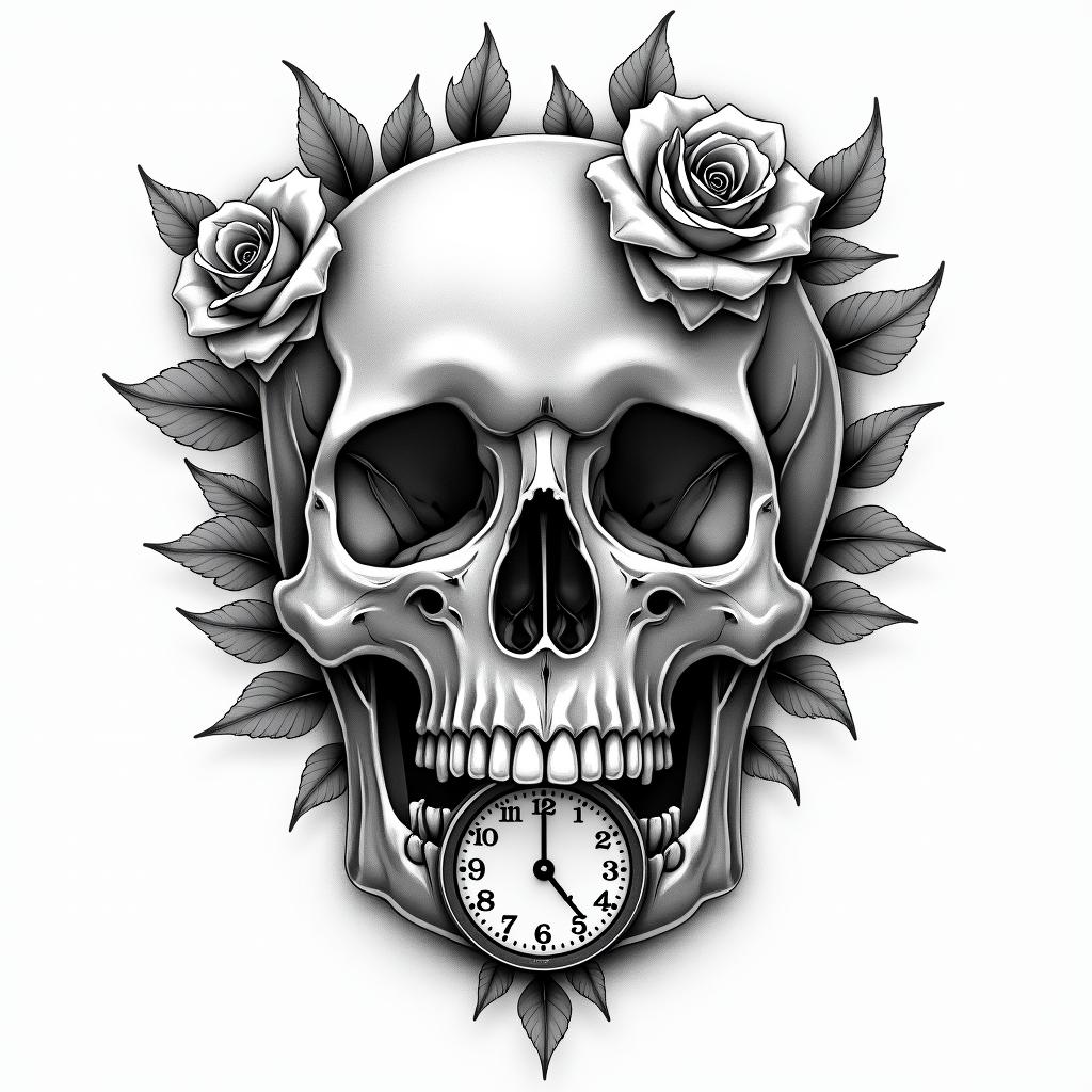 Skull with roses and clock elementstext-based tattoo, japanese font ultra-realistic, perfectly placed, high-quality font design, photo-realistic shading, 8k, high quality, finely detailed typograph - Variation 8