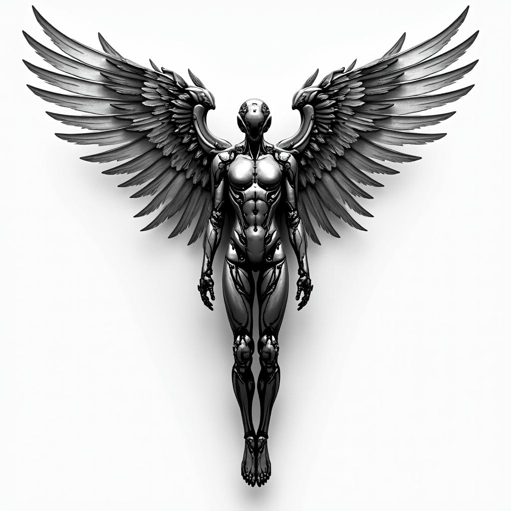 Against broken wings,
A front afraid,
Rise anew.tattoo in biomechanic style, the tattoo covered by robotic elements of futuristic cyberpunk design, robotic features detail, showcasing intricate mechanical components