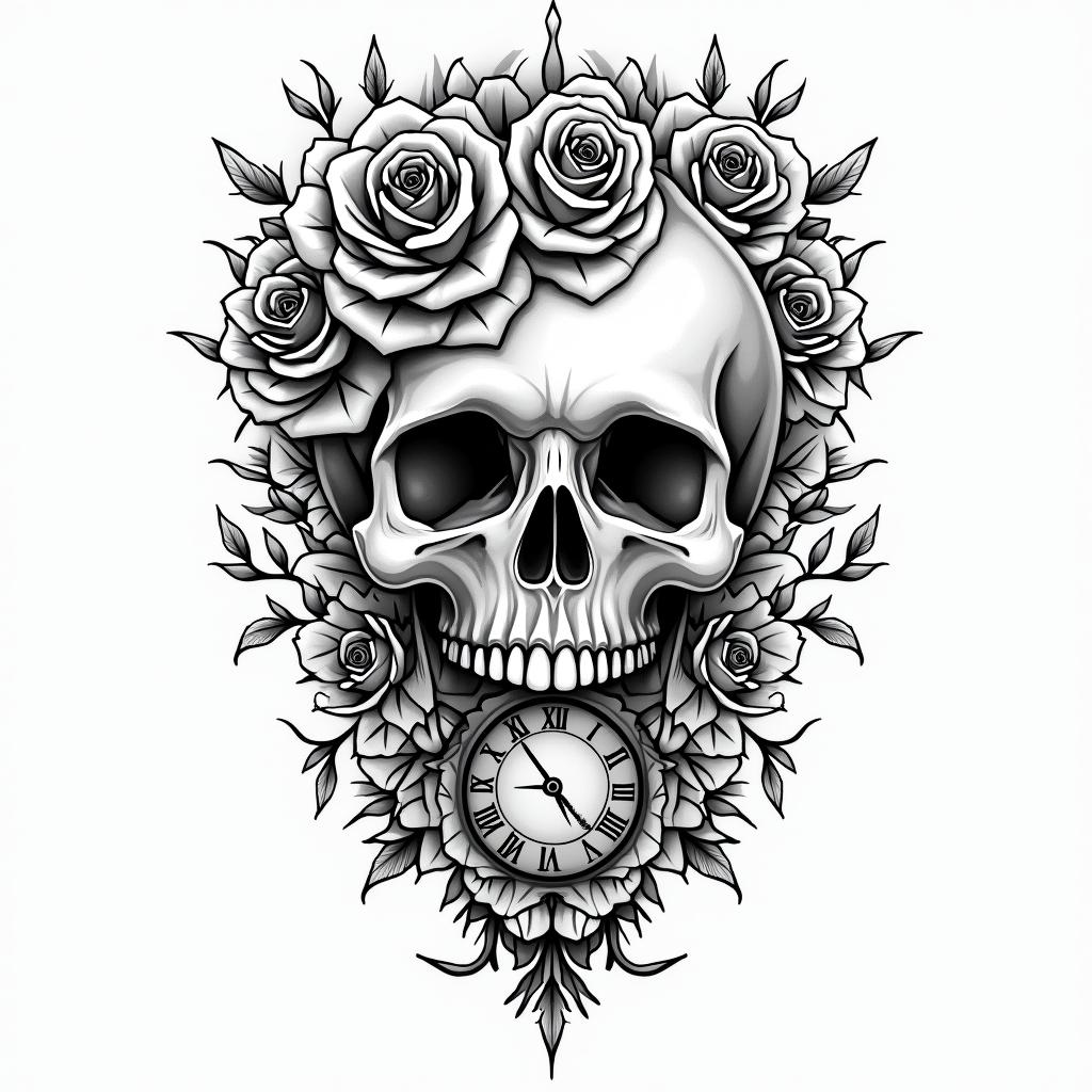 Skull with roses and clock elementstext-based tattoo, japanese font ultra-realistic, perfectly placed, high-quality font design, photo-realistic shading, 8k, high quality, finely detailed typograph - Variation 9