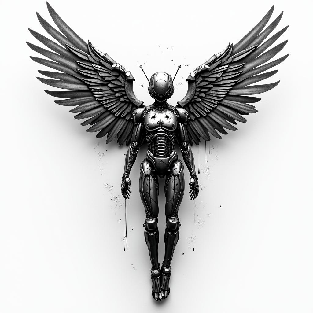 Against broken wings,
A front afraid,
Rise anew.tattoo in biomechanic style, the tattoo covered by robotic elements of futuristic cyberpunk design, robotic features detail, showcasing intricate mechanical components - Variation 3