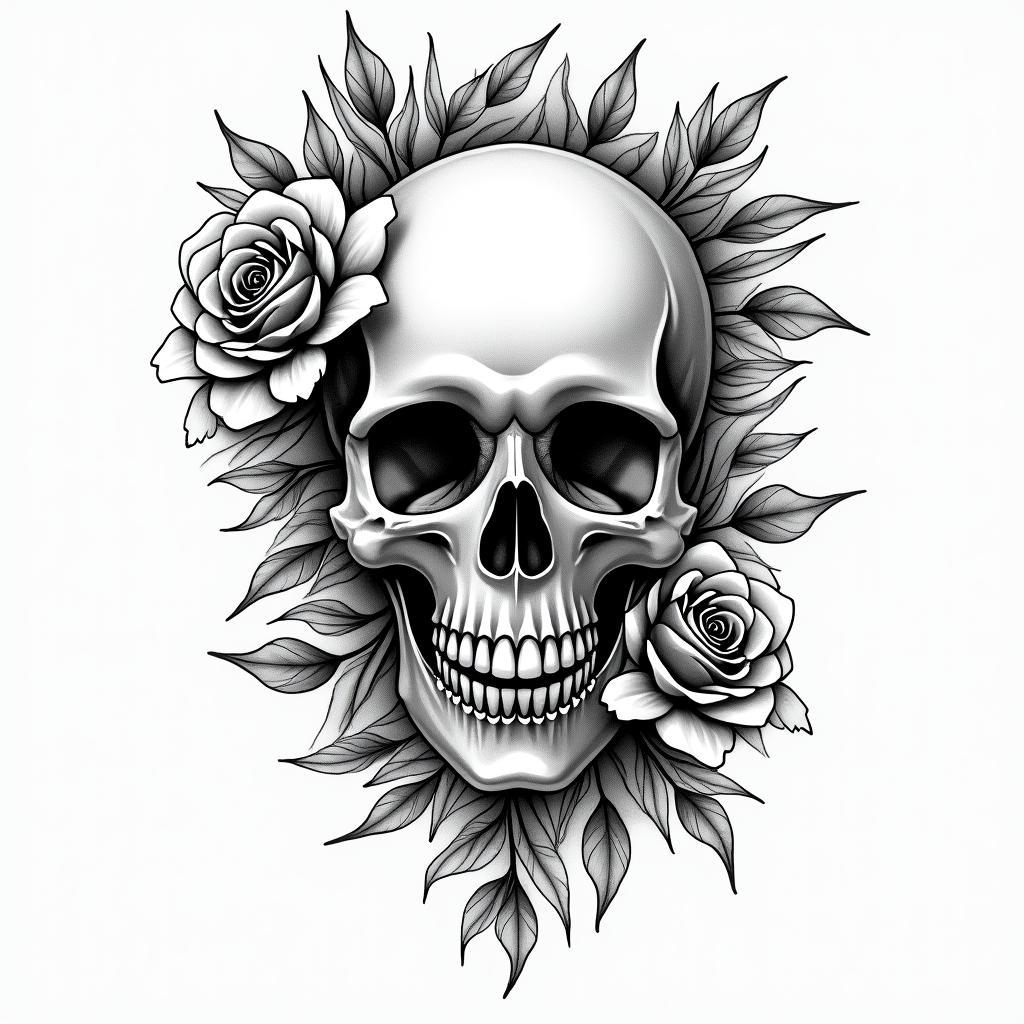 Skull with roses and clock elementstext-based tattoo, japanese font ultra-realistic, perfectly placed, high-quality font design, photo-realistic shading, 8k, high quality, finely detailed typograph - Variation 4