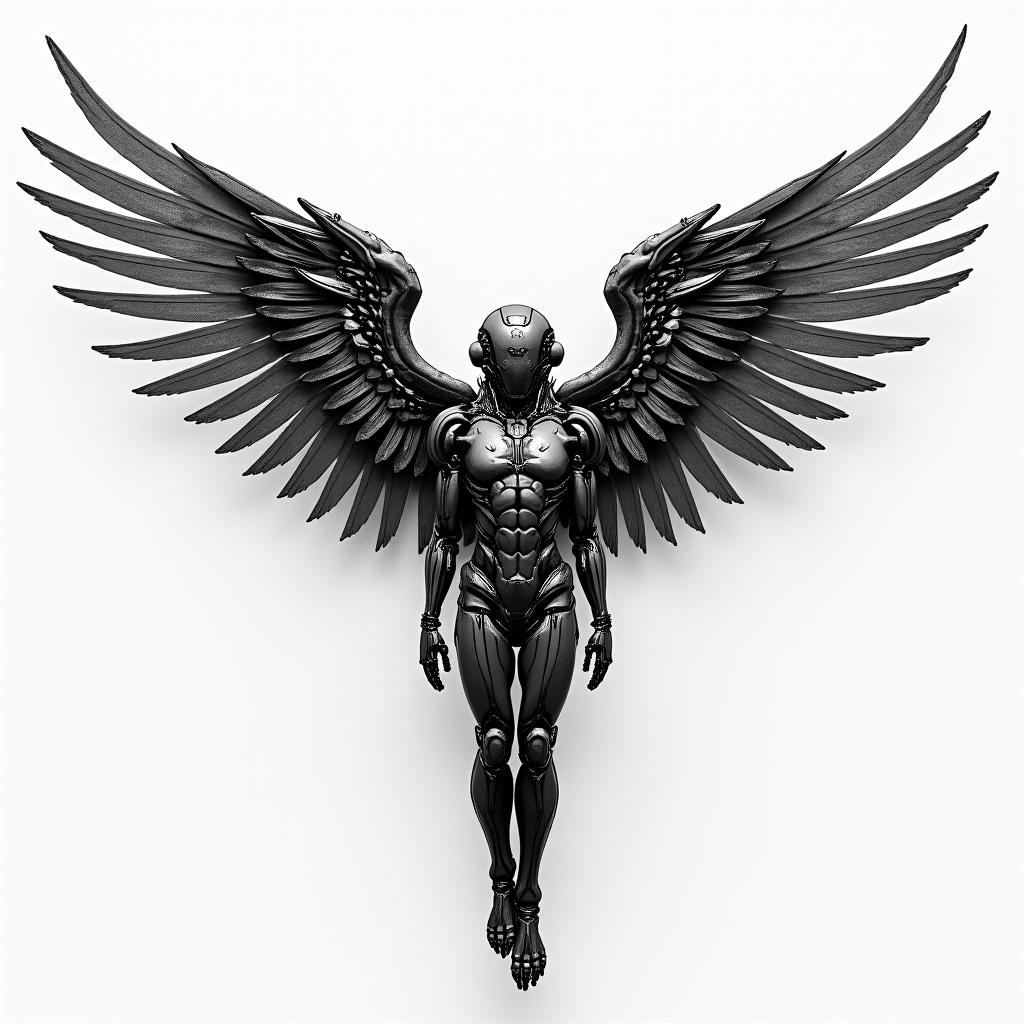 Against broken wings,
A front afraid,
Rise anew.tattoo in biomechanic style, the tattoo covered by robotic elements of futuristic cyberpunk design, robotic features detail, showcasing intricate mechanical components - Variation 2