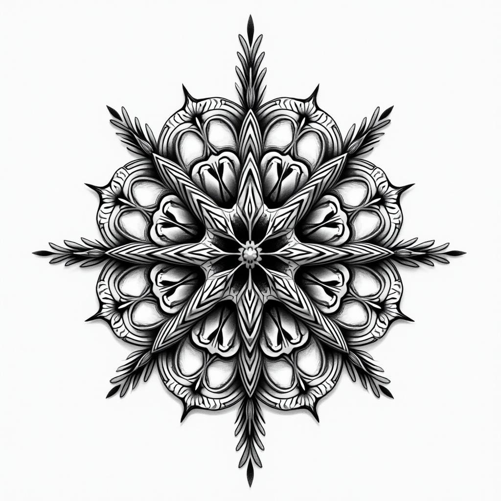 Something significant about my deceased brother is that his profession was a surveyor. in geometric style tattoo, blending hexagons, mandala-inspired patterns, symmetrical and fractal design, clean lines, sharp angles - Variation 8