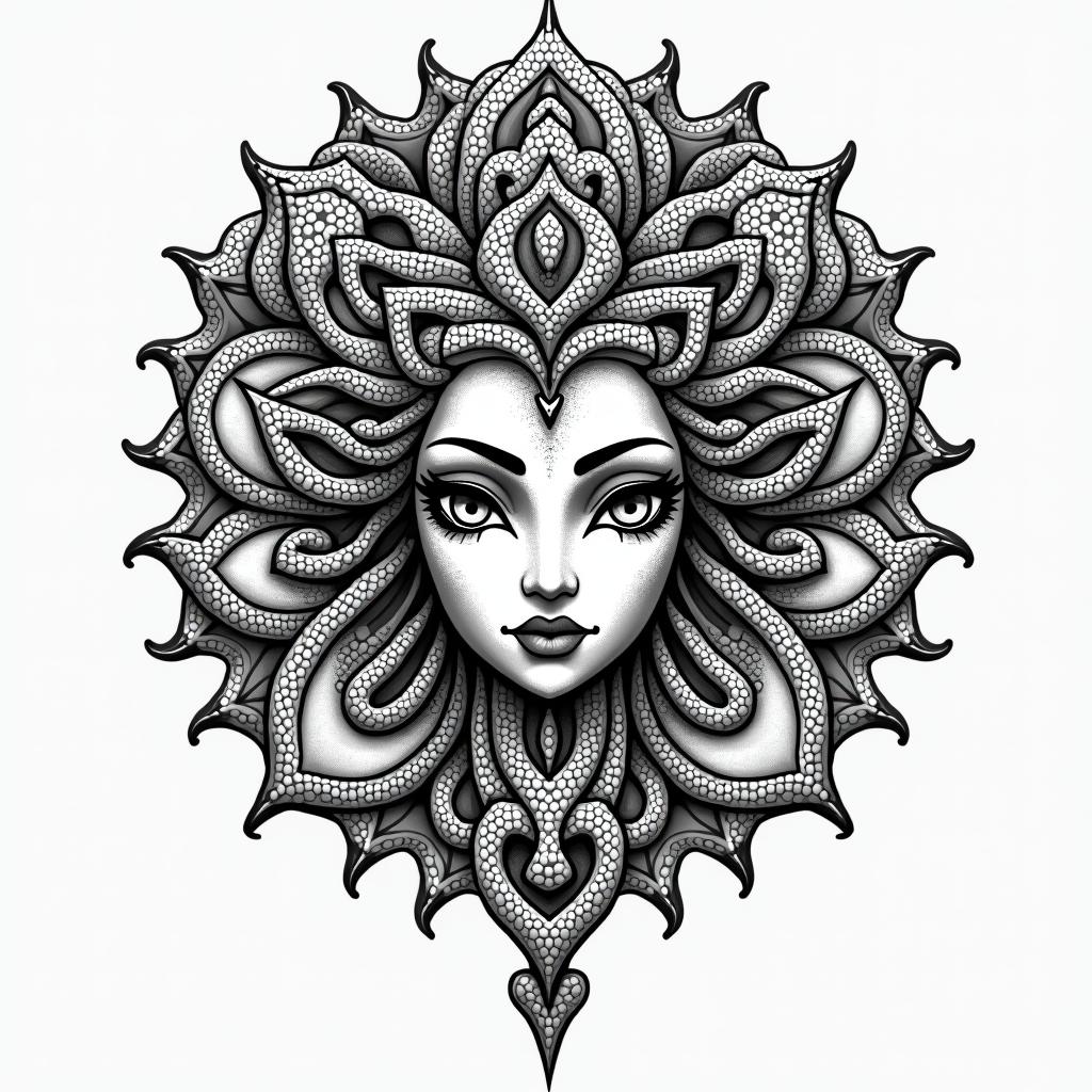 Medusain dotwork style tattoo, complex mandala patterns, interlocking geometric shapes with sharp symmetry, clean lines, sharp angles - Variation 4