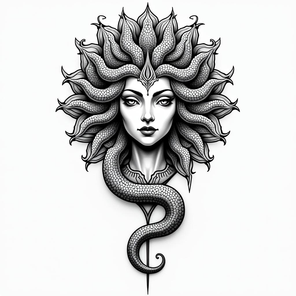 Medusain dotwork style tattoo, complex mandala patterns, interlocking geometric shapes with sharp symmetry, clean lines, sharp angles - Variation 2