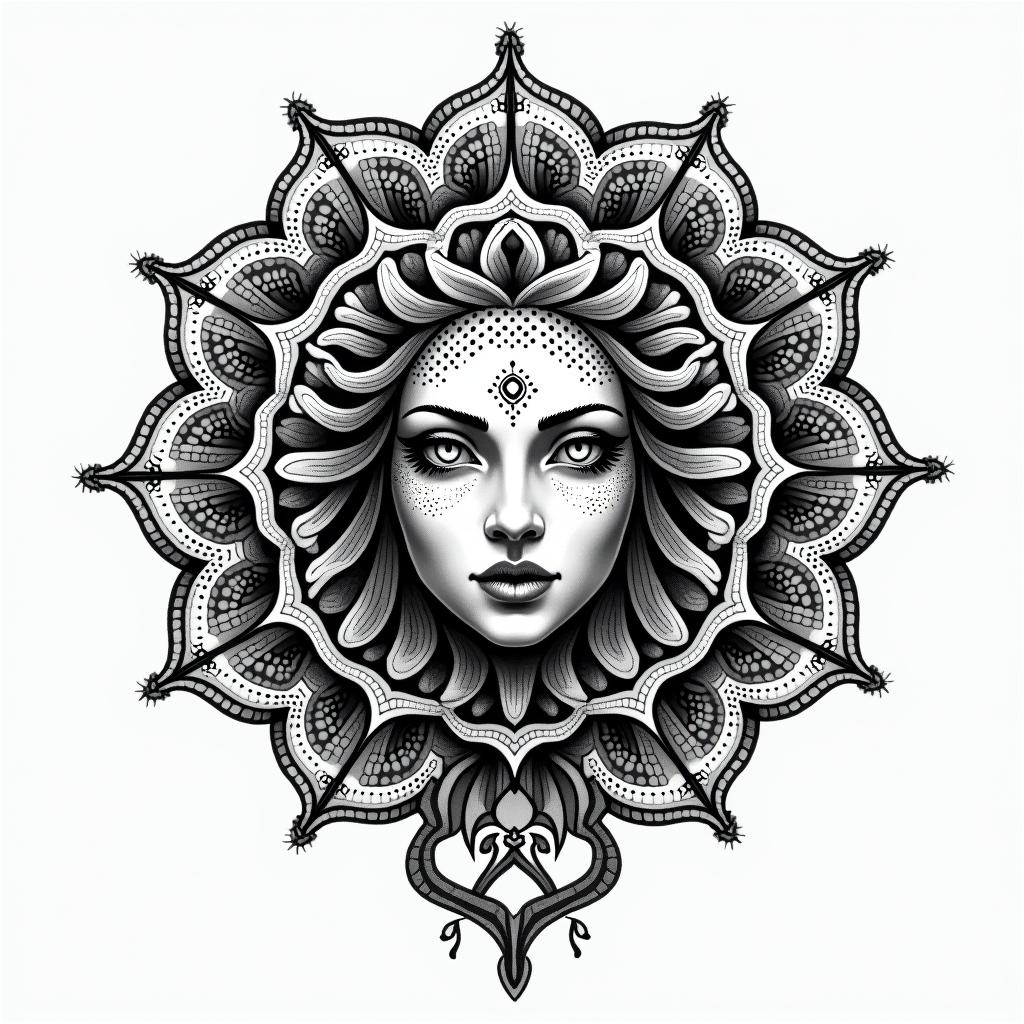 Medusain dotwork style tattoo, complex mandala patterns, interlocking geometric shapes with sharp symmetry, clean lines, sharp angles - Variation 3