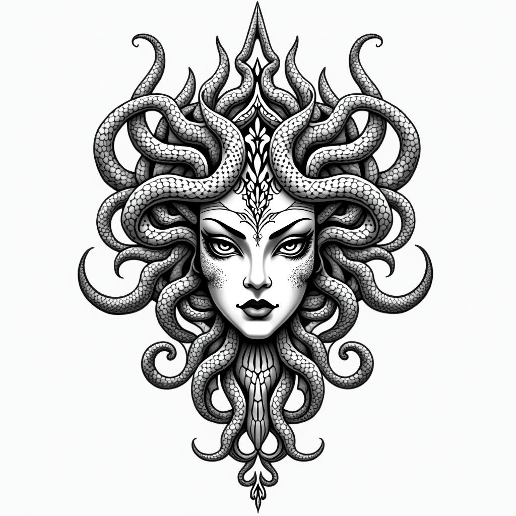 Medusain dotwork style tattoo, complex mandala patterns, interlocking geometric shapes with sharp symmetry, clean lines, sharp angles