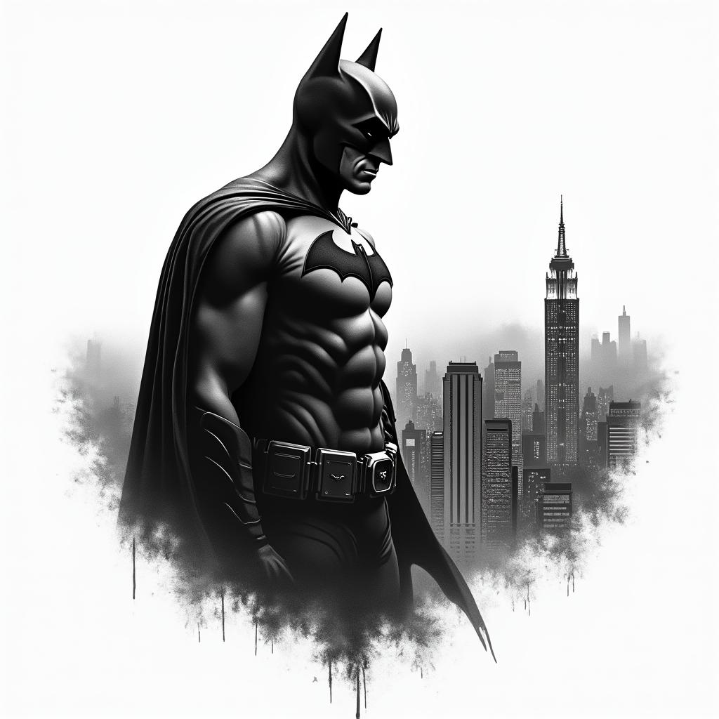 Silhouette of Batman against the Gotham skyline.higly detailed tattoo - Variation 2
