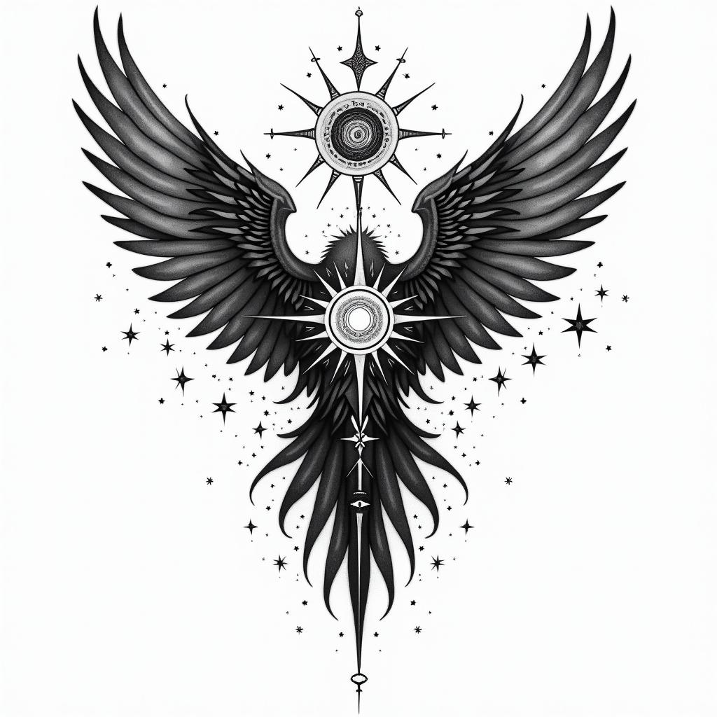 Against broken wings,
A front afraid,
Rise anew.in prophecy tattoo style, featuring mystical symbols, celestial imagery like stars, moons, suns, geometric patterns, foretelling elements, an eye of wisdom - Variation 2
