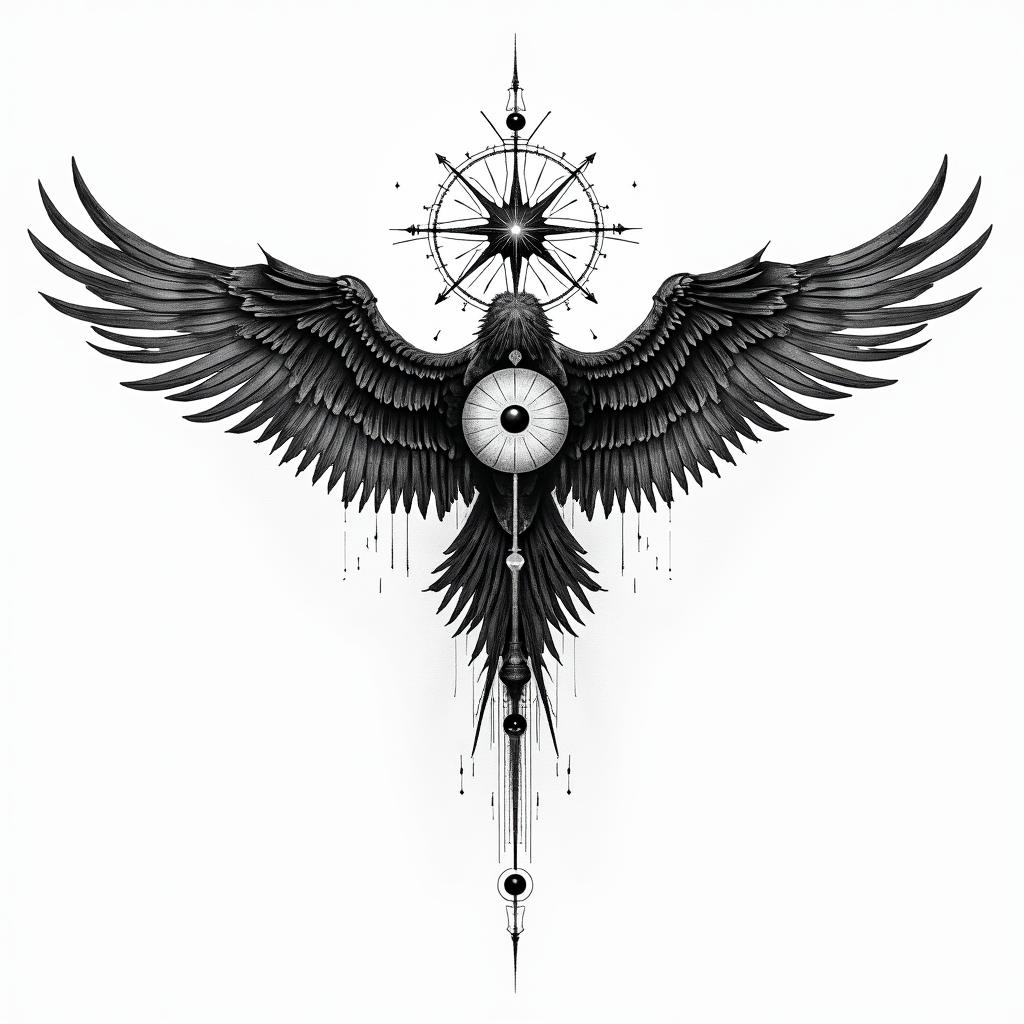 Against broken wings,
A front afraid,
Rise anew.in prophecy tattoo style, featuring mystical symbols, celestial imagery like stars, moons, suns, geometric patterns, foretelling elements, an eye of wisdom