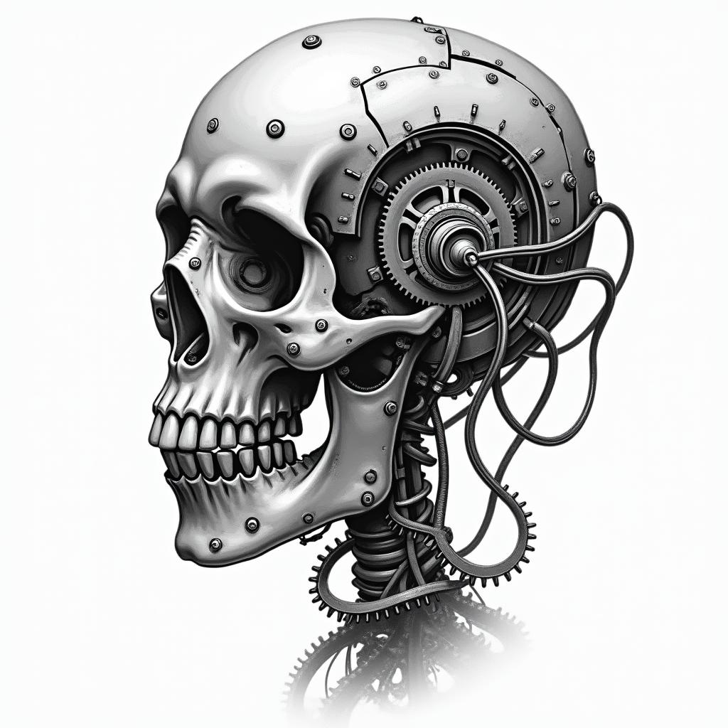 I have integrated the biomechanical style:

Mechanical segmentation of the skull with metal plates and screws.

Intertwined tubes and cables running through the bony structure and connecting to the gears.

Visible pistons and joints at the base of the hourglass, merging the organic and the industrial.

Soft shadows in shades of gray to highlight the depth and volume of the mechanical elements.

Let me know if you want to adjust any details, such as the density of the cables, add textures of rust, or enhance certain elements with touches of color.tattoo in biomechanic style, the tattoo covered by robotic elements of futuristic cyberpunk design, robotic features detail, showcasing intricate mechanical components - Variation 4